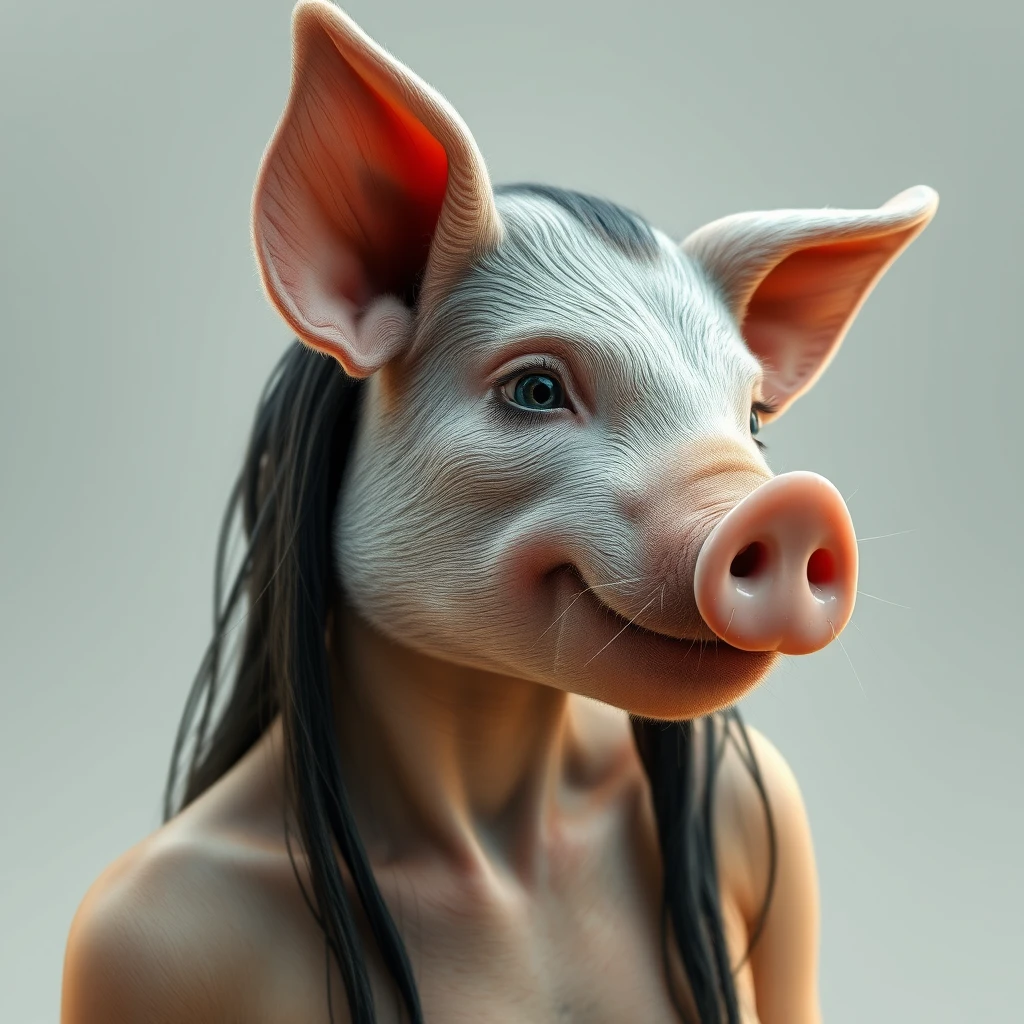 A realistic pig-human hybrid girl, she is beautiful. Full body image, make her look more human than pig. She is nude. - Image