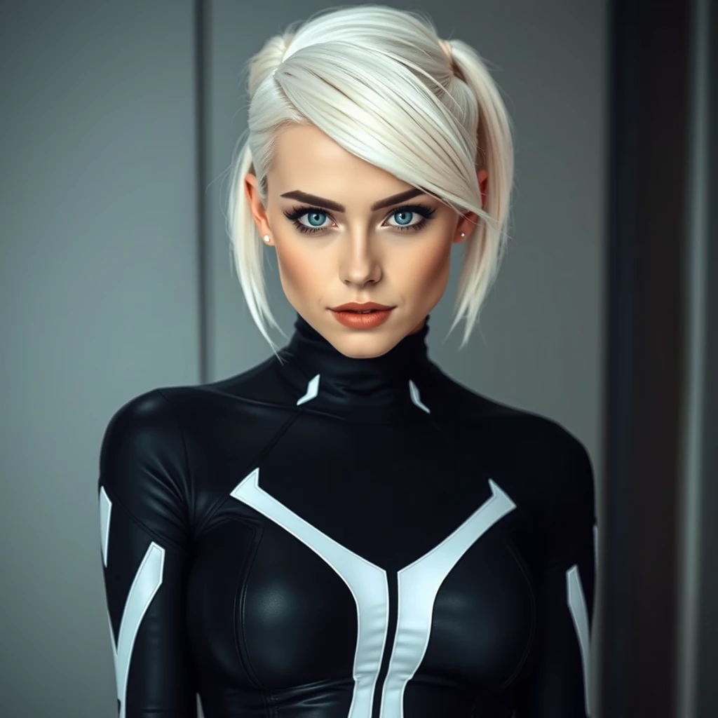 photograph of a Gwen Stacy cosplay. white-black. tight. undercut. - Image