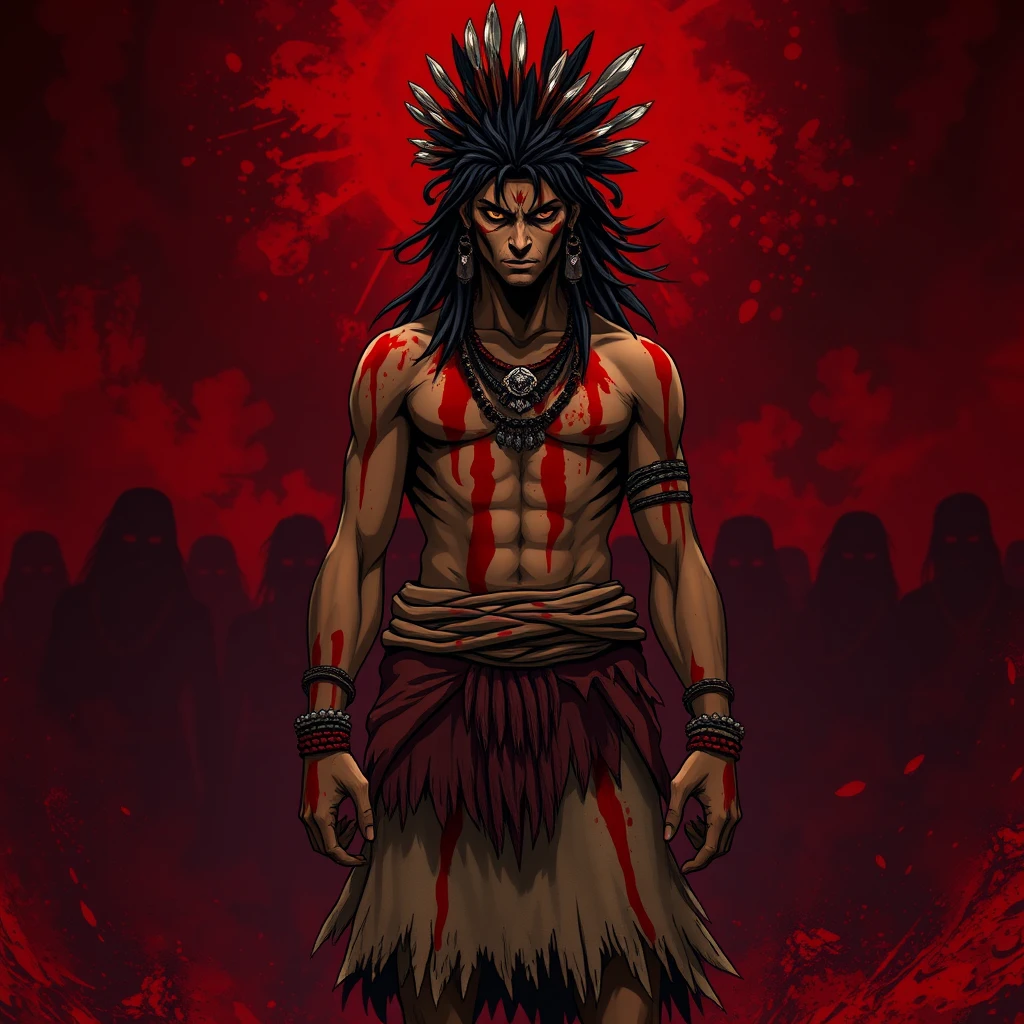 Imagine a Taino tribesman standing in the center of the image, his posture conveying a sense of betrayal and defiance. He's splattered with crimson markings, symbolizing the betrayal by his own tribe. Behind him, the backdrop is filled with dark shades of red and black, hinting at the ominous atmosphere of the scene. His fellow tribesmen are depicted in the shadows, their features obscured but their presence felt, representing the betrayal lurking within his own community, anime style, vibrant.