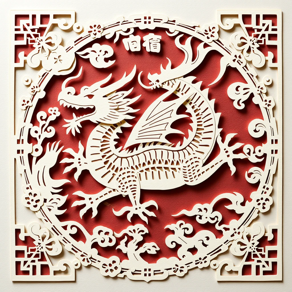 An image of paper-cut art, a traditional Chinese craft, representing the Year of the Dragon. The dragon, a symbol of power, strength, and good luck in Chinese culture, is intricately cut out of paper, showcasing the delicate and detailed nature of this art form. - Image