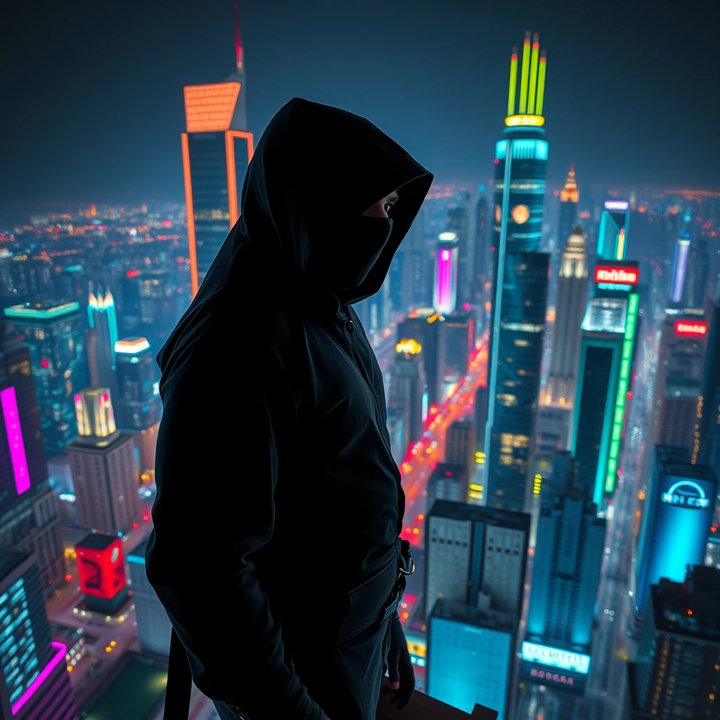 A mysterious guy wearing a black ninja-like suit in a neon city, from a high building looking at a city full of colorful lights.