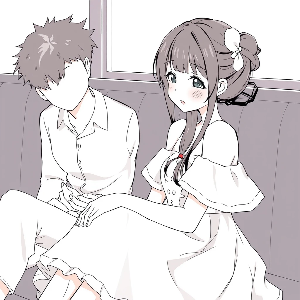 A young woman in a cute dress sitting with her boyfriend, anime lineart.