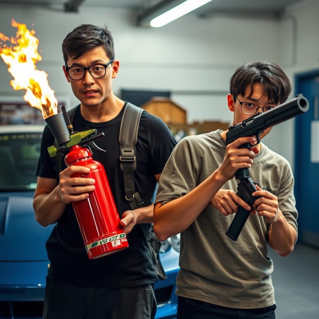 A 21-year-old very fair-skinned Italian man wearing round glasses and having short black hair is holding a very large fire extinguisher flamethrower. Beside him is a 21-year-old white northern Chinese man with a thin, long face, wearing square glasses and sporting mid/long fringe black hair, who is holding a Glock. Both appear angry and display murderous intent in a garage setting. - Image