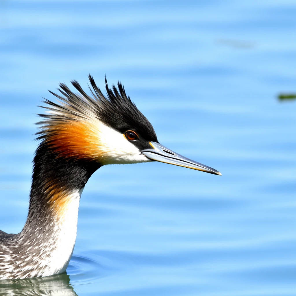 A great crested grebe (A Podiceps cristatus bird). The crest feathers are black. - Image