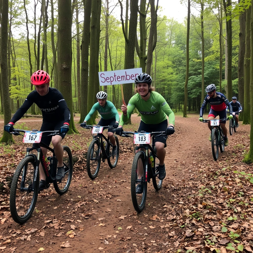 A picture of a group of mountain bikers in the woods in the Belgian Ardennes. One of them is holding a sign saying 'September'. - Image