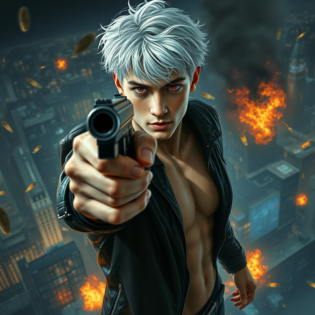 A young adult male with a gun aimed at the camera, short white hair, red eyes, black leather jacket, muscular figure, playful gaze, city night scene, high altitude, flames, explosions, black series, scattered bullet shells, iron chains, messy hair, character facing the camera, upper body, movie level lighting, thick painting style, ultimate color application, oil painting texture, Van Gogh style, Impressionist style, delicate brushstrokes, unclear line drawings, brilliant colors, soft light and shadow, 2.5D, Van Gogh's work.