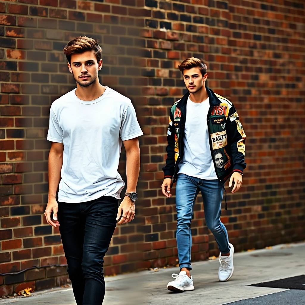 Freddie Prinze head and body shot, handsome, young, serious face, white T-shirt, collage jacket, skinny jeans, sneakers, walking hot style, hyper-realistic, street photography, brick wall, full body photo, morning scenery.