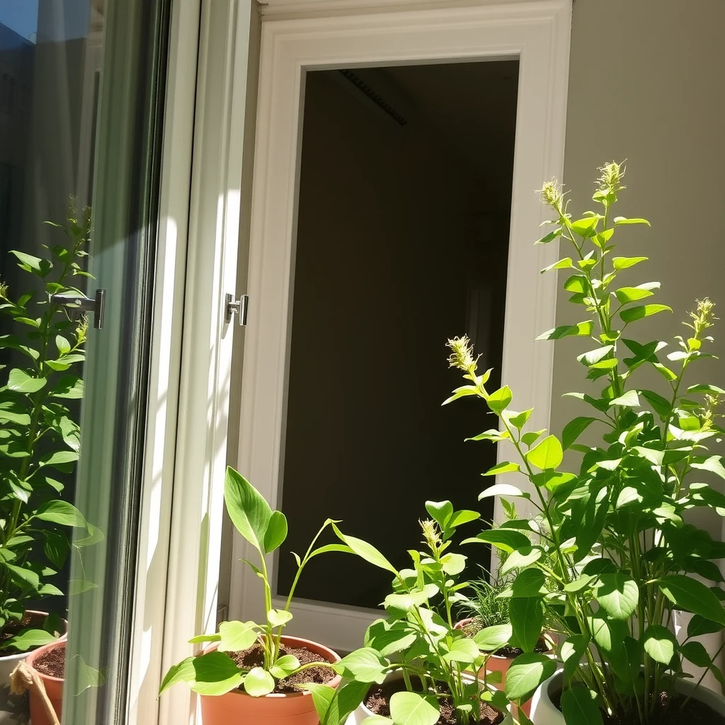 'Green plants on the balcony bathed in sunlight.'