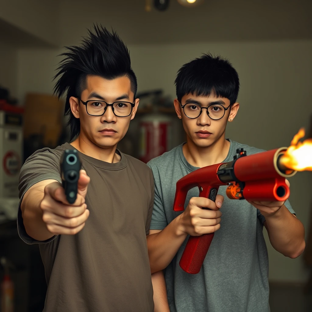 21-year-old white thin long-faced northern Chinese man with a square chin, wearing square glasses, long black mullet hairstyle, holding a pistol; 21-year-old white Italian man wearing round glasses and short hair holding a very large fire extinguisher flamethrower; garage setting; both angry.