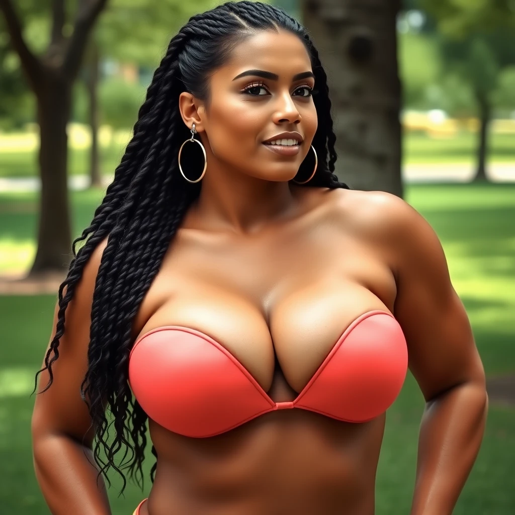 Busty fitness model in a bikini at the park, big boobs. - Image