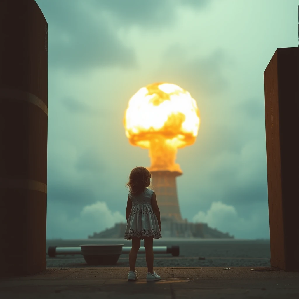 A girl stands next to a nuclear bomb. - Image