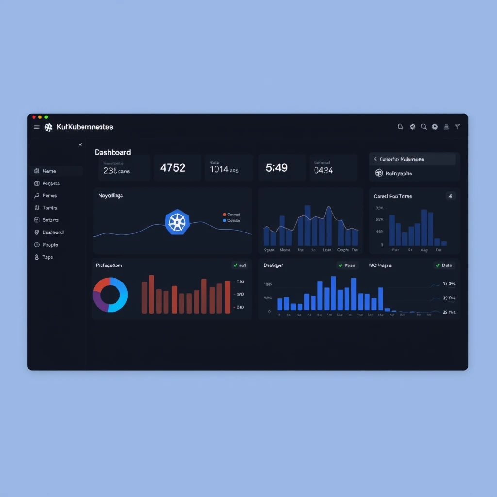 Minimal Kubernetes dashboard UI, dark mode, flat design, best practices, color theory, no graphs. - Image