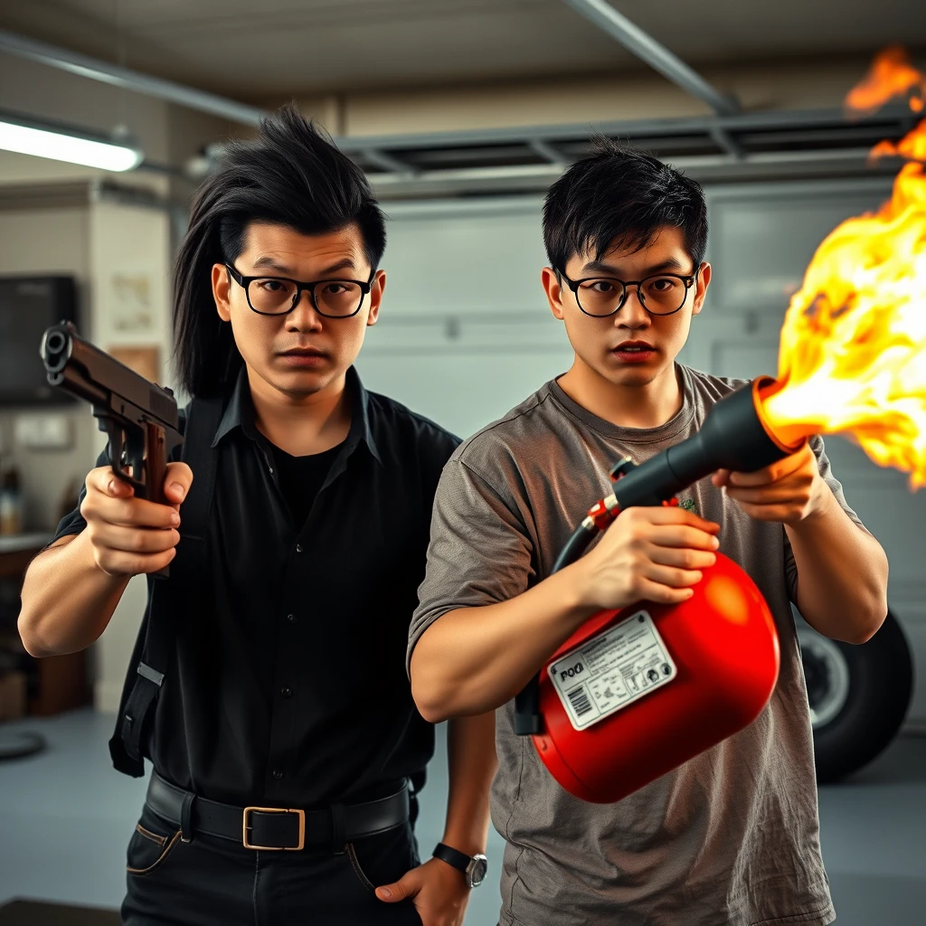 21-year-old white Chinese man with square glasses, long black mullet, holding a pistol; 21-year-old white Italian man with round prescription glasses and short hair holding a very large fire extinguisher flamethrower, garage setting, both angry.