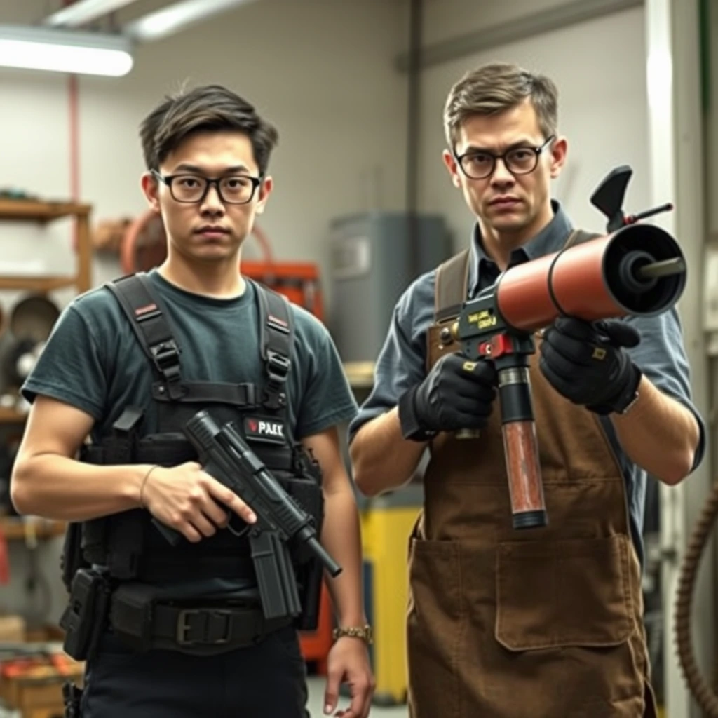 21-year-old white thin long-faced young adult northern Chinese man with a square chin, wearing square glasses, holding a pistol, "medium/long hair," tactical chest rig; 21-year-old Caucasian Italian man wearing round glasses and short hair, holding a very large fire extinguisher flamethrower, welding apron, and gloves; garage setting; both angry.