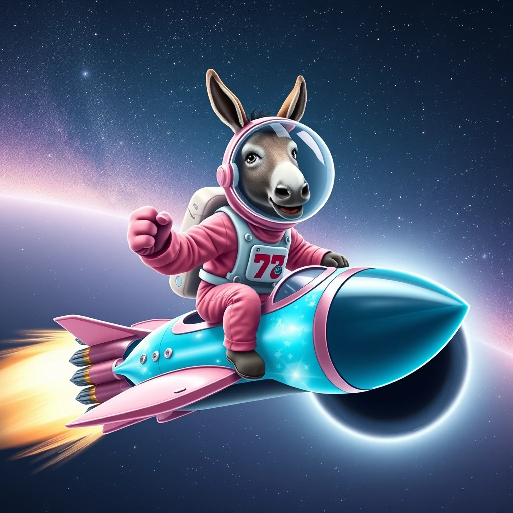 An ambitious donkey wearing pink astronaut costume, riding on a crystal light cyan stunning spaceship, making a punching gesture, flying to the outerspace under a clear night sky with lots of shining stars, passing by a huge black-hole. Realistic style.