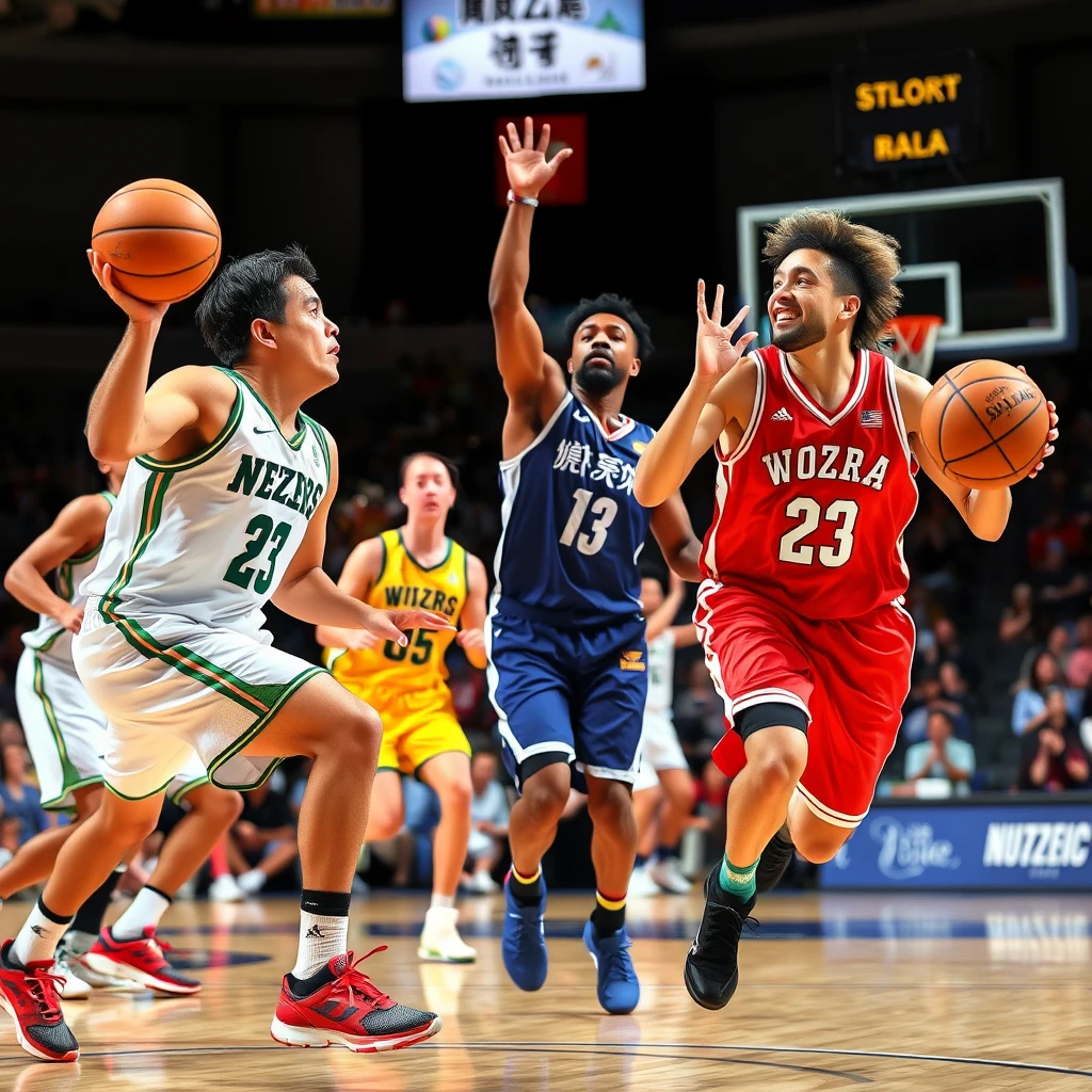 In the American professional basketball league, men and women are playing basketball, with Chinese characters or Japanese or Korean. Note that there should be both men and women.