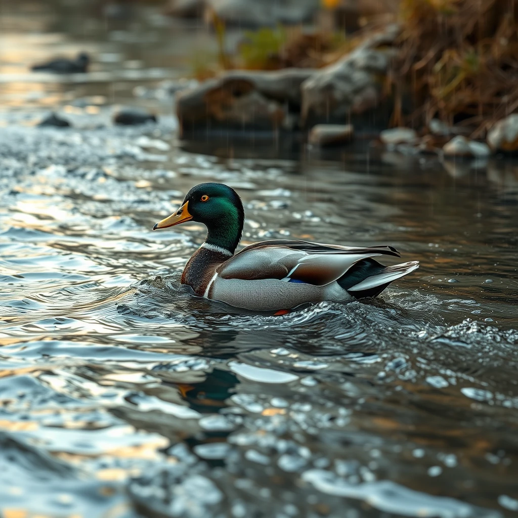 1 duck flowing over the mercury chrome texture river. thundering anywhere, dropping golden rains. - Image