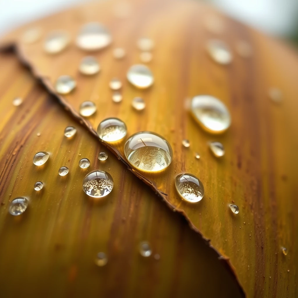 Water droplets on coconut leaf, detailed, high resolution, professional