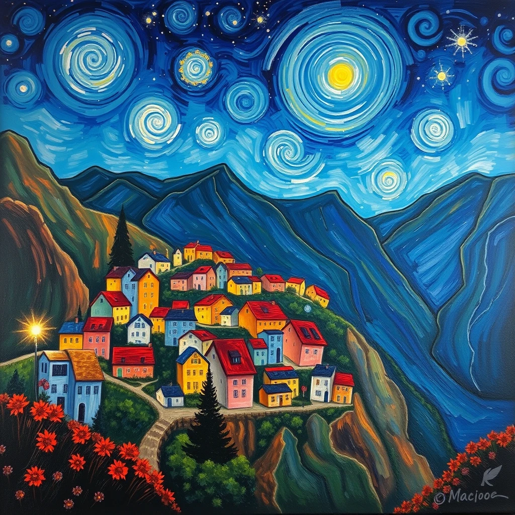 Painting of a beautiful colorful town between mountains at night, van Gogh style.