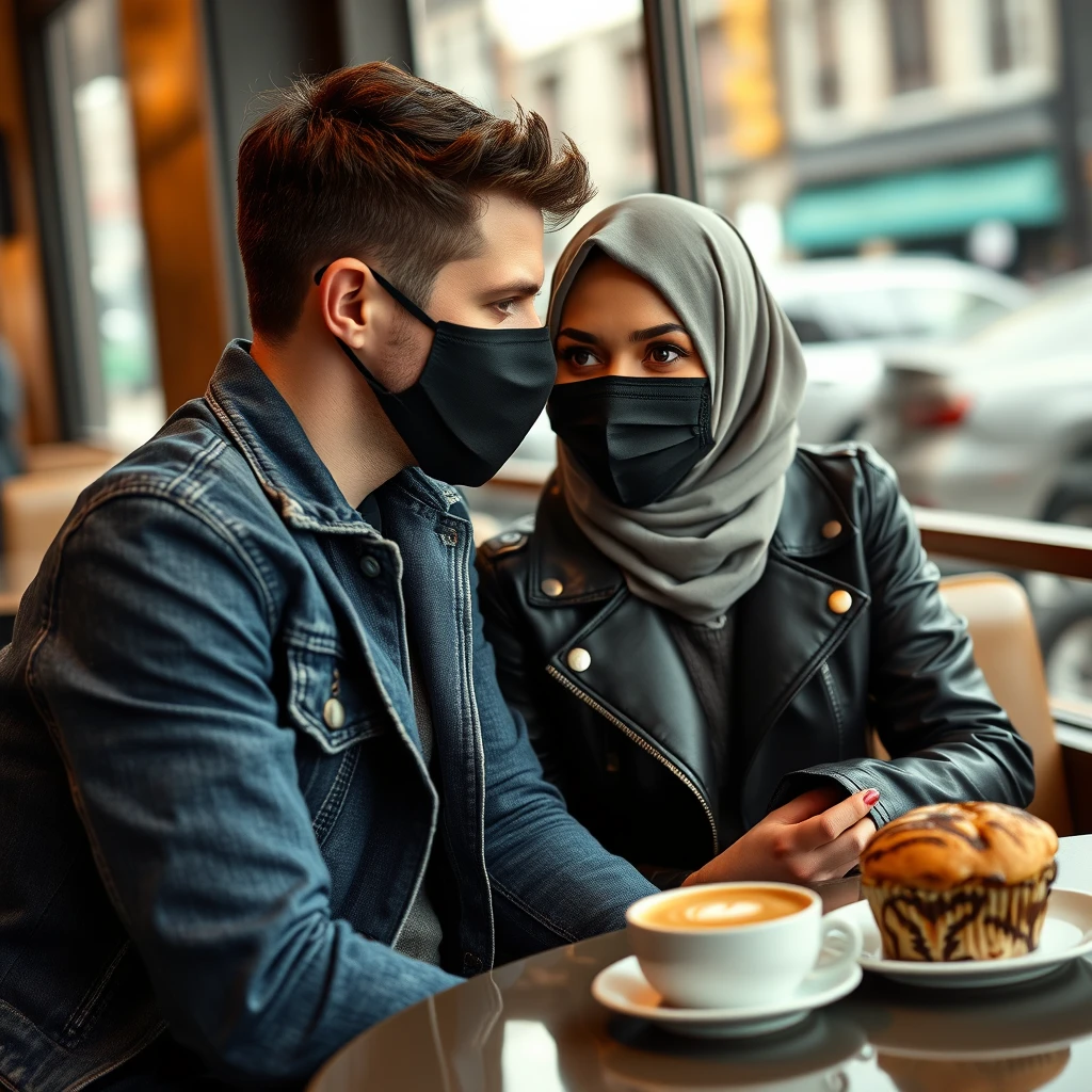 Jamie Dornan's head and body shot, handsome, black face mask, blue jeans jacket, jeans, dating a Muslim girl in a grey hijab, beautiful eyes, black face mask, black leather jacket, biggest tiger pattern skirt, at a cafe, with 2 cups of latte and a muffin cake on a table, photorealistic.