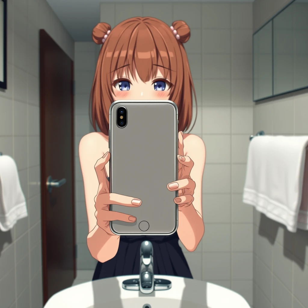 boring iphone photo of a topless anime girl holding iphone. upper body. Bathroom - Image