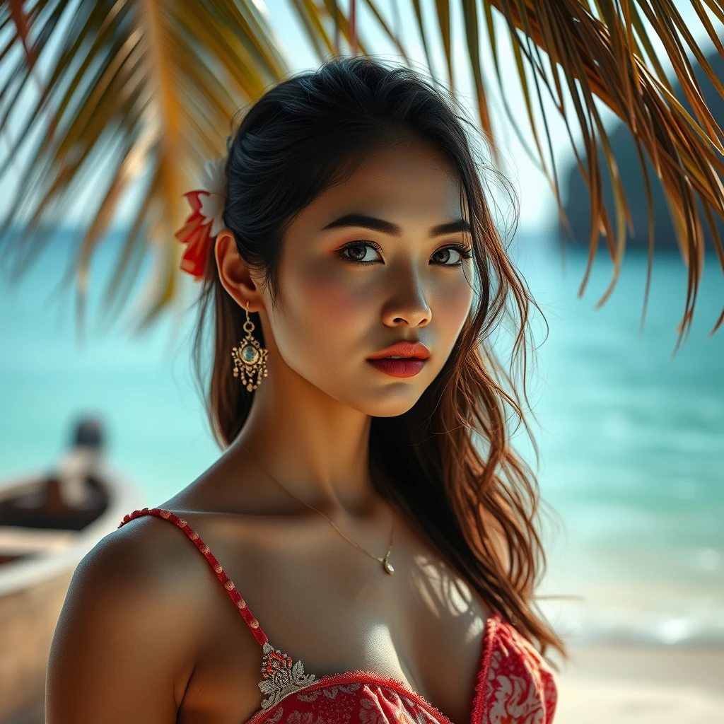 Immerse yourself in the captivating portrait of a stunning petite Thai woman on the enchanting beaches of Thailand. This cinematic photoshoot, meticulously crafted, showcases her beauty with precision. Shot on a 25mm lens, the depth of field and tilt blur create a compelling narrative. With settings like 1/1000 shutter speed, F/22 aperture, and calibrated white balance, the breathtaking 32k resolution reveals remarkable details. Super-resolution preserves nuances, while Pro Photo RGB enriches colors. Lighting techniques, from half rear to backlighting, accentuate elegance. Volumetric, Conte-Jour, and global illumination add depth. Scattering, reflections, and artistic elements enhance realism. Technical advancements like anti-aliasing and ambient occlusion refine quality. Prepare for an extraordinary blend of photography and CGI, where intricacy meets grace.