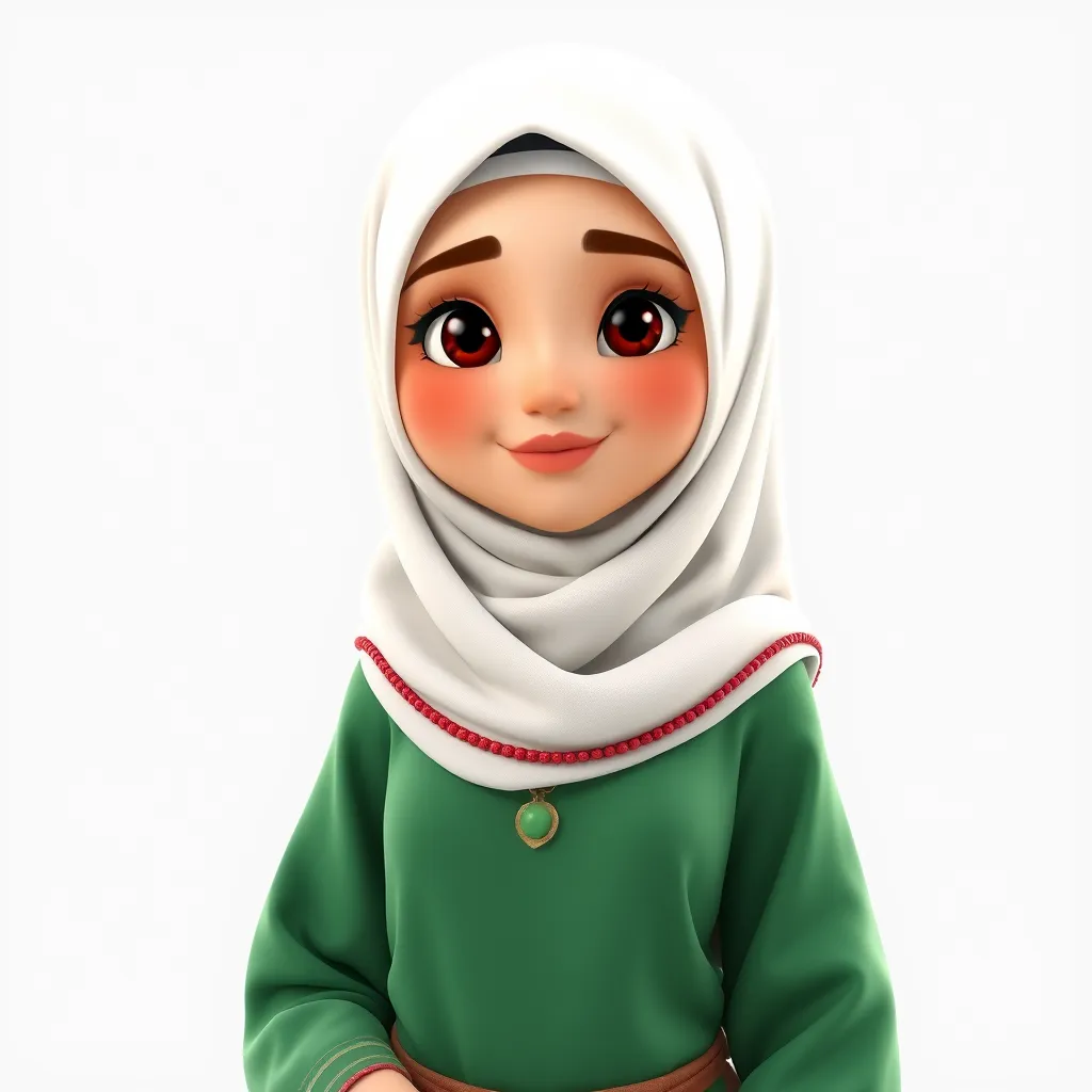 "Create a 3D animated cartoon of a Muslim woman from Palembang wearing a long white gamis. The character should be highly detailed with 8K resolution. Focus on traditional Palembang features and cultural elements." - Image