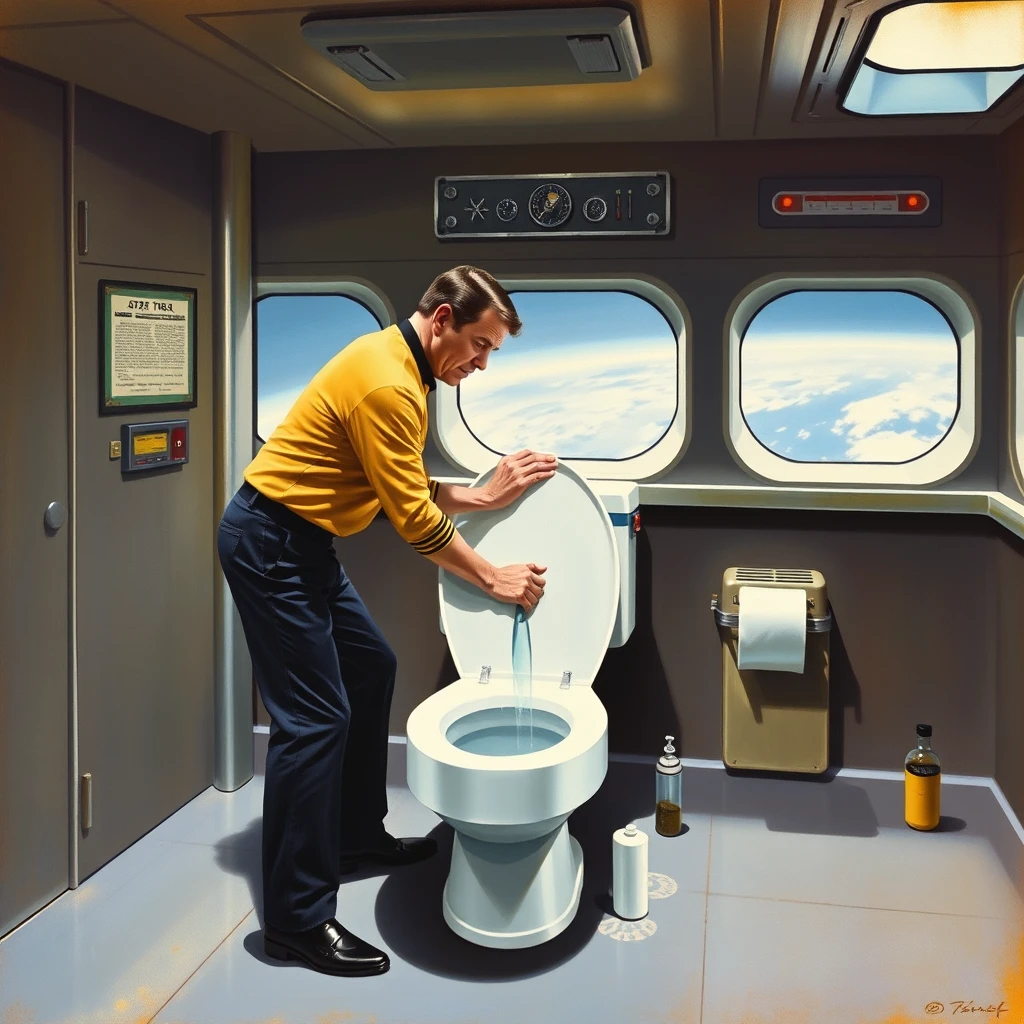 Mr. Scott plunges a toilet on the USS Enterprise, as painted by Arthur Sarnoff 1965.