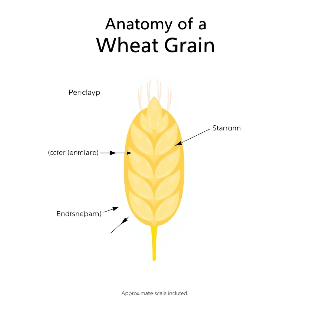 Simplified illustration technique of a grain of wheat in cross-section. White background, minimalist style. Enlarged grain, clearly detailing:

Pericarp (outer envelope)
Protein layer (aleurone layer)
Endosperm (starchy kernel)
Germ
Each part labeled with arrows. Pastel colors to differentiate the areas. Title at the top: 'Anatomy of a Wheat Grain'. Approximate scale indicated.