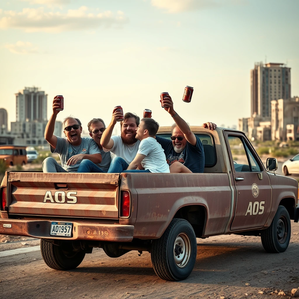 A visually intoxicated bunch of morons riding in a pickup truck bed toasting with beer cans. The truck drives through an abandoned city, is very rusty, and has the letters "AOS" printed on the side.