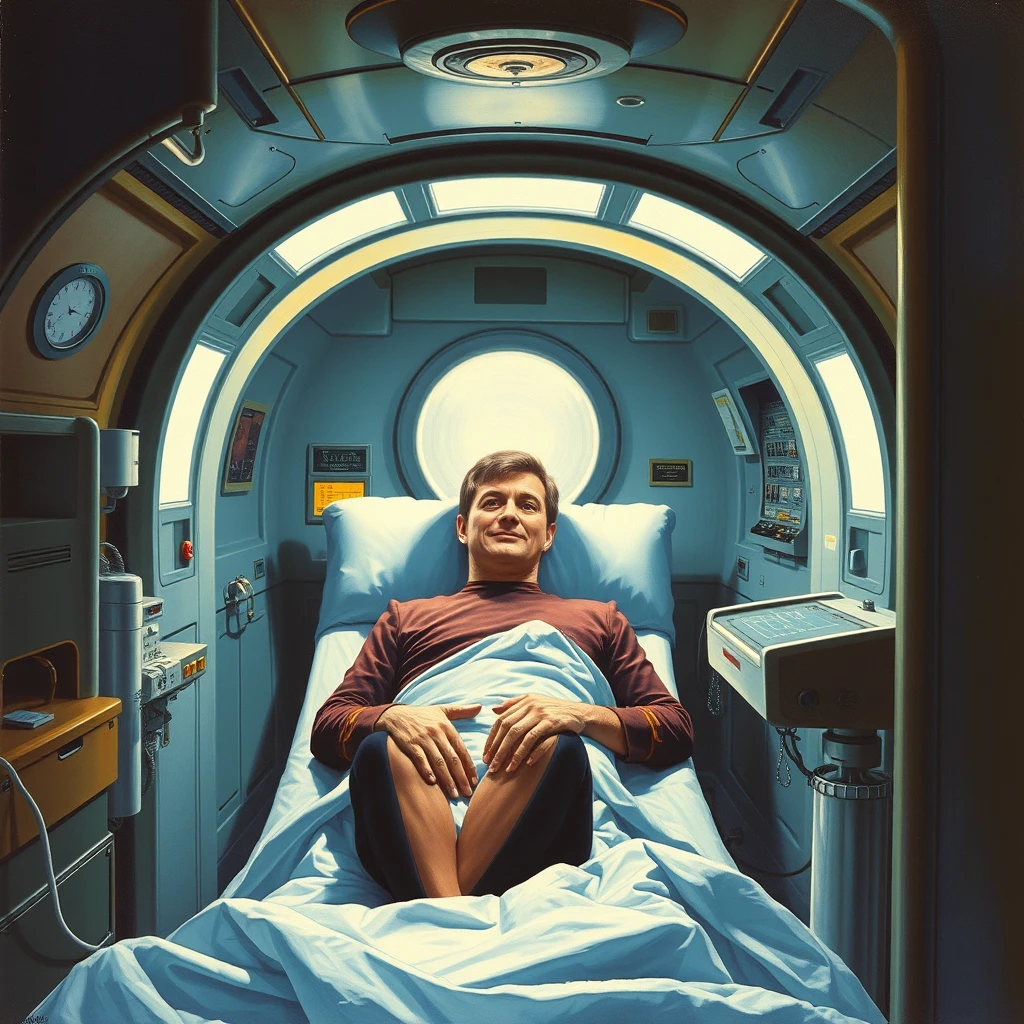 Deforest Kelly in the sick bay of the USS Enterprise, as painted by Arthur Sarnoff 1965. - Image