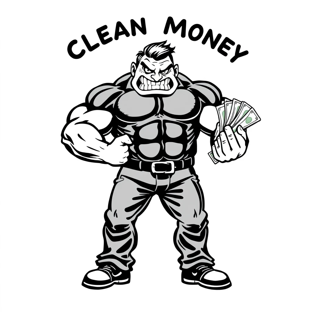 A 50s dot comic ink black monochromatic style of a muscular business gigachad with a wide jaw flexing while holding a wad of cash. The text says “Clean Money Dirty Bulk.”