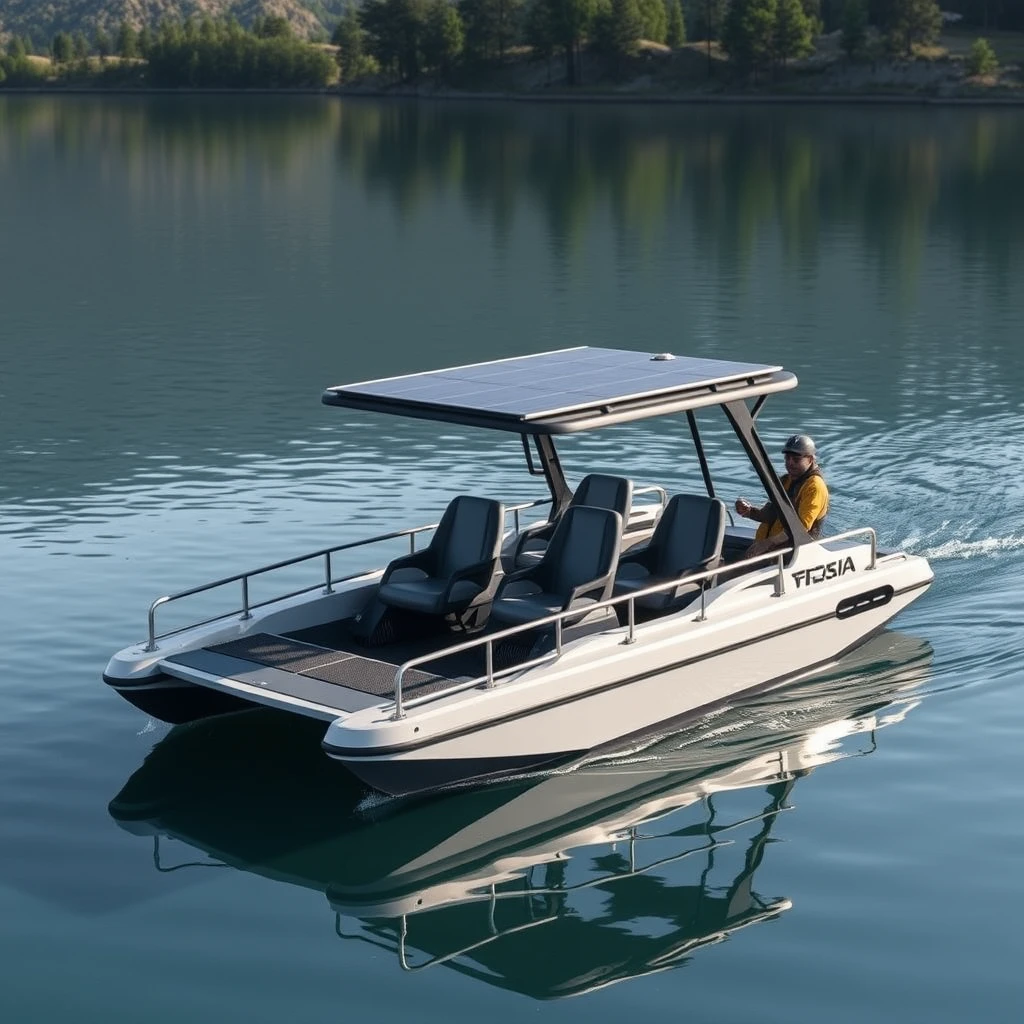 Smart Indian styled design of an open hydrodynamic, short, compact Catamaran boat with 6 seats, with adequate safety rails, in a calm lake in Kashmir, the platform powered by batteries and thruster pods, with joystick controls on the dashboard, carrying a foldable hard roof with the solar panels over it.