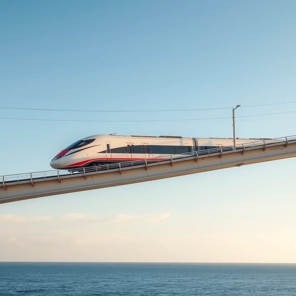 A high-speed train crosses a sea bridge over the ocean, presenting a side view.