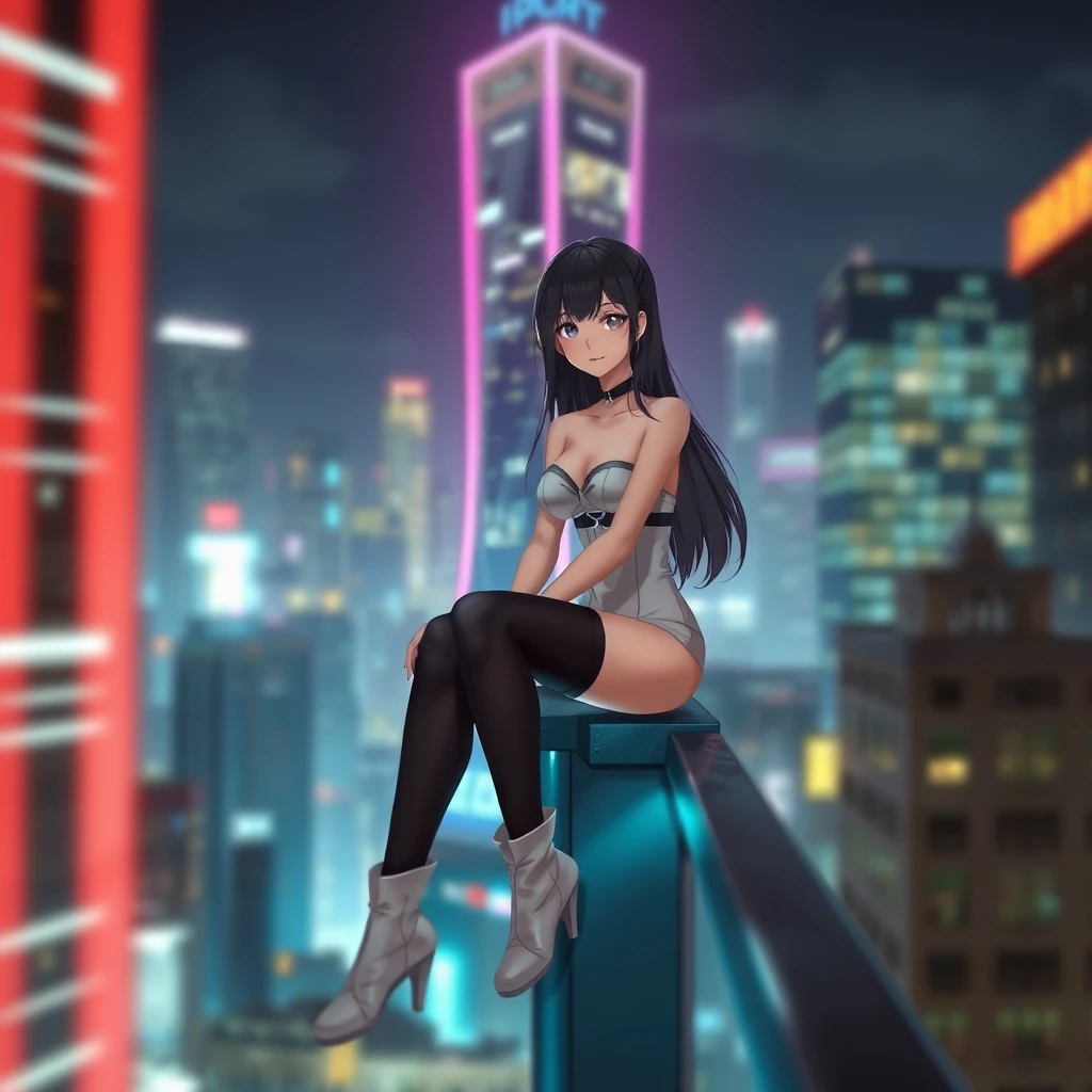 blurry, blurry background, blurry foreground, depth of field, motion blur, 1 girl, cyberpunk, solo, science fiction, city, neon lights, sitting, night, building, strapless, breasts, hologram, skyscraper, boots, long hair, cityscape, thigh highs, sky, black hair, scenery, white footwear (glow, light pollution: 1.5) (solo focus: 1.7) - Image