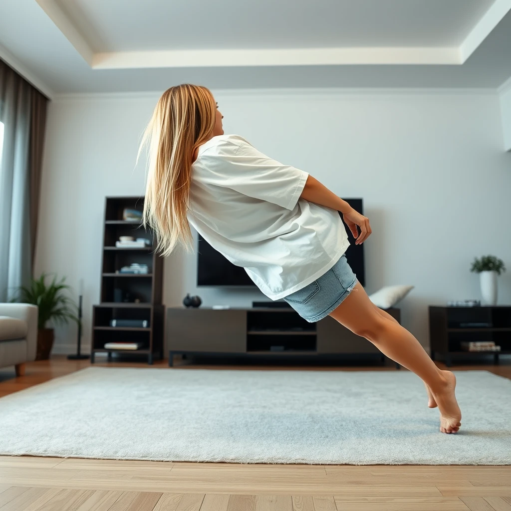 Side view angle of a skinny blonde woman in her large living room, wearing an oversized white T-shirt that is unbalanced on one shoulder, along with oversized light blue denim shorts. She is barefoot and facing her TV, diving headfirst into it at a 60-degree angle, already halfway through the screen.