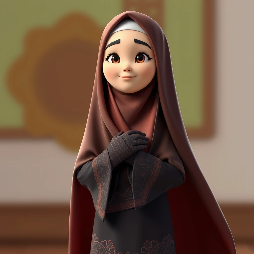 A 3D, 8k animated cartoon depiction of a Muslim woman from Palembang, wearing a traditional long songket and a long gown (gamis). She is adorned with a hijab that covers her chest and wears batik gloves covering her hands.