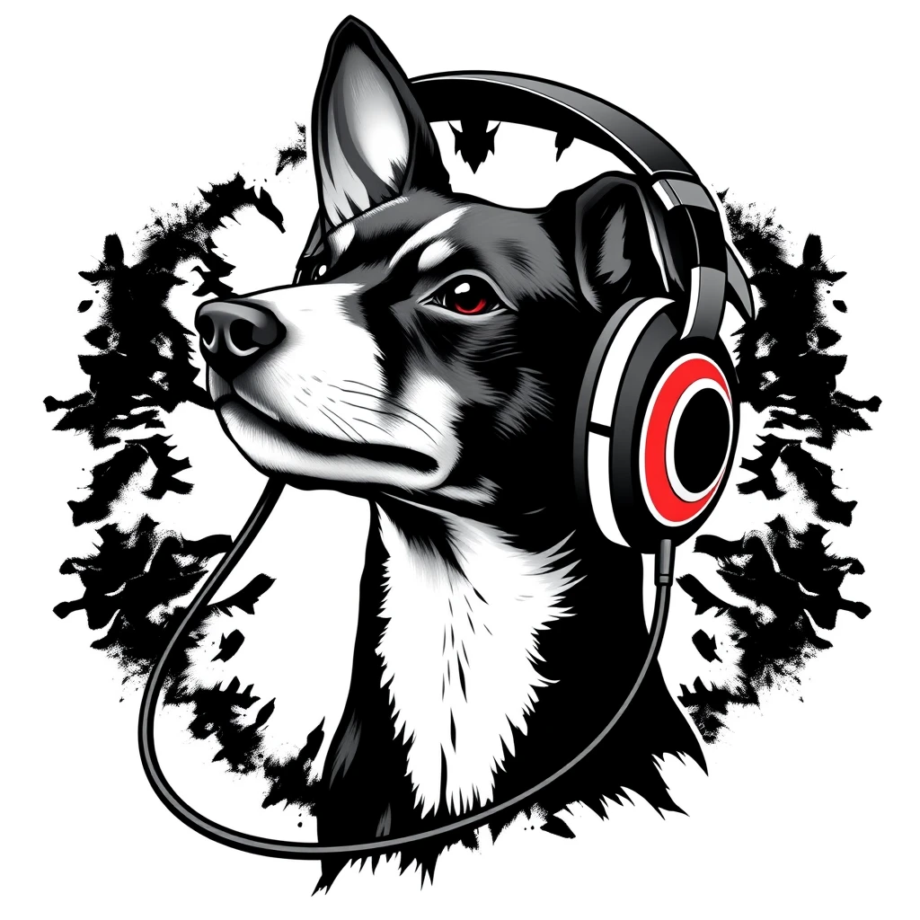 Whippet with headphones, Rorschach style, clean, simple, white background, professional tshirt design vector - Image