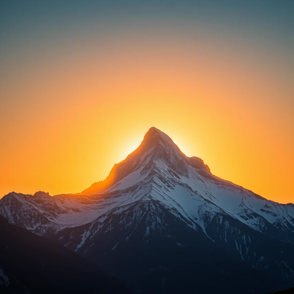 A sun back with a snow mountain at sunset.