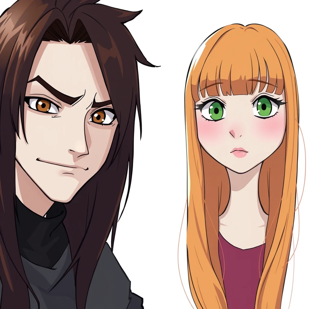 A young guy with long dark brown hair parted in the middle, sharp facial features, a smirk, pale skin, light brown eyes, thick eyebrows, and long eyelashes, next to a cute white ginger girl with a small nose, pink lips, green eyes, and long bangs. - Image