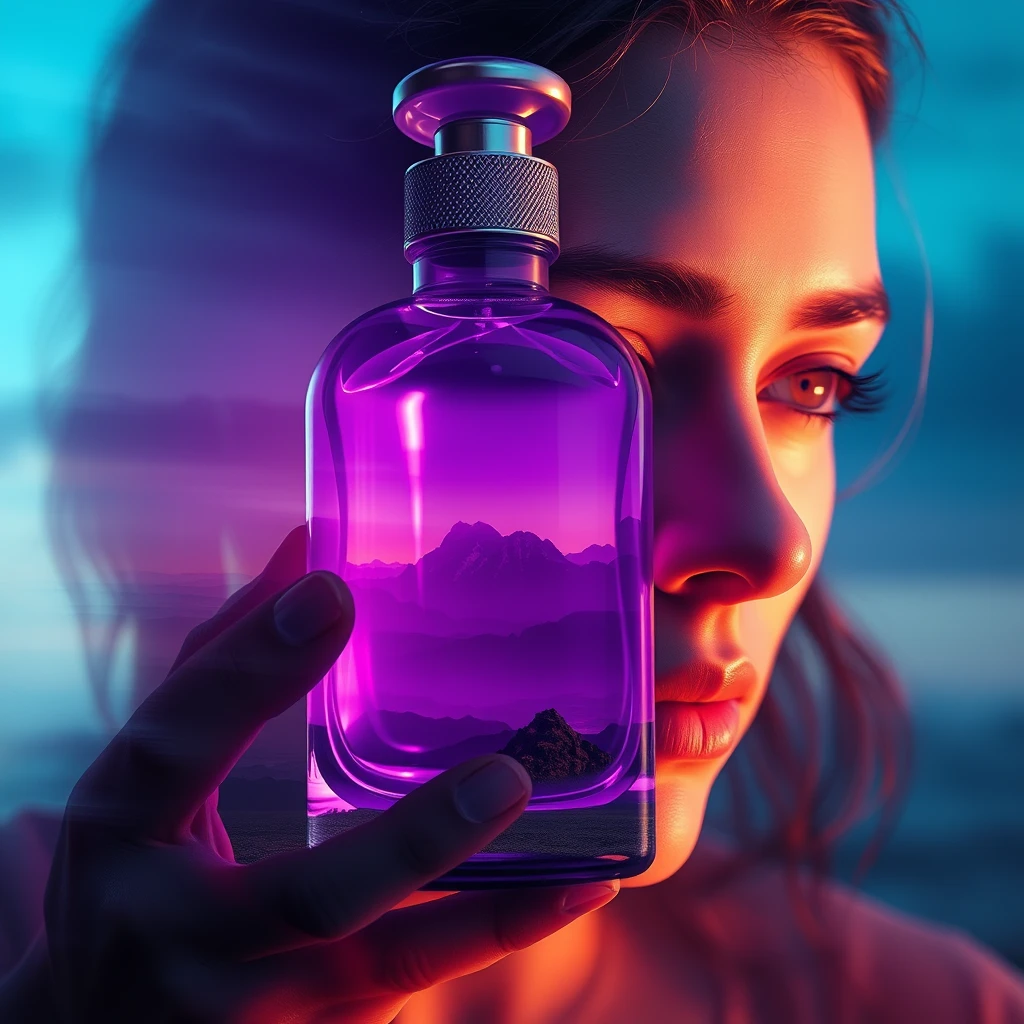 Multiple exposure, the art of Alphonse Mucha, cosmetic glass bottle, violet, character design, rendering, biomechanics, science fiction, volumetric lighting, beautiful landscapes, detailed face, dramatic colors.