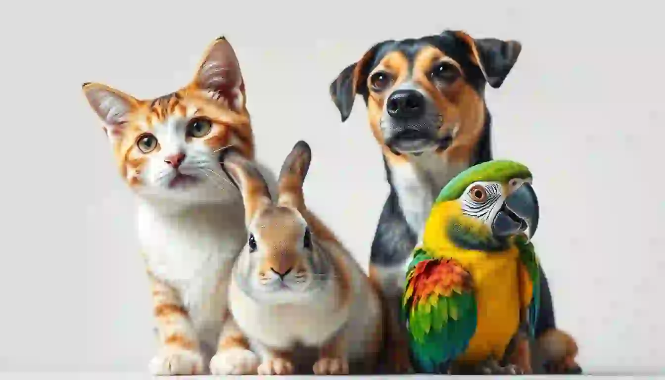 Cat with rabbit with dog with parrot Dramatic lighting against white background. Hyper-realistic, high-resolution image, expressive features and coloration.