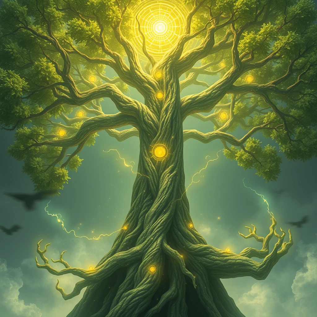 A god of magic, he is symbolized by an arcane tree. A towering, ancient tree with branches that stretch into the sky. The leaves glow with magic, and its roots pulse with arcane energy, spreading magic through the earth.

A spiritual body made of its branches can be manifested, shimmering with pure magic. The body looks like a young, clean-shaven scholar. - Image