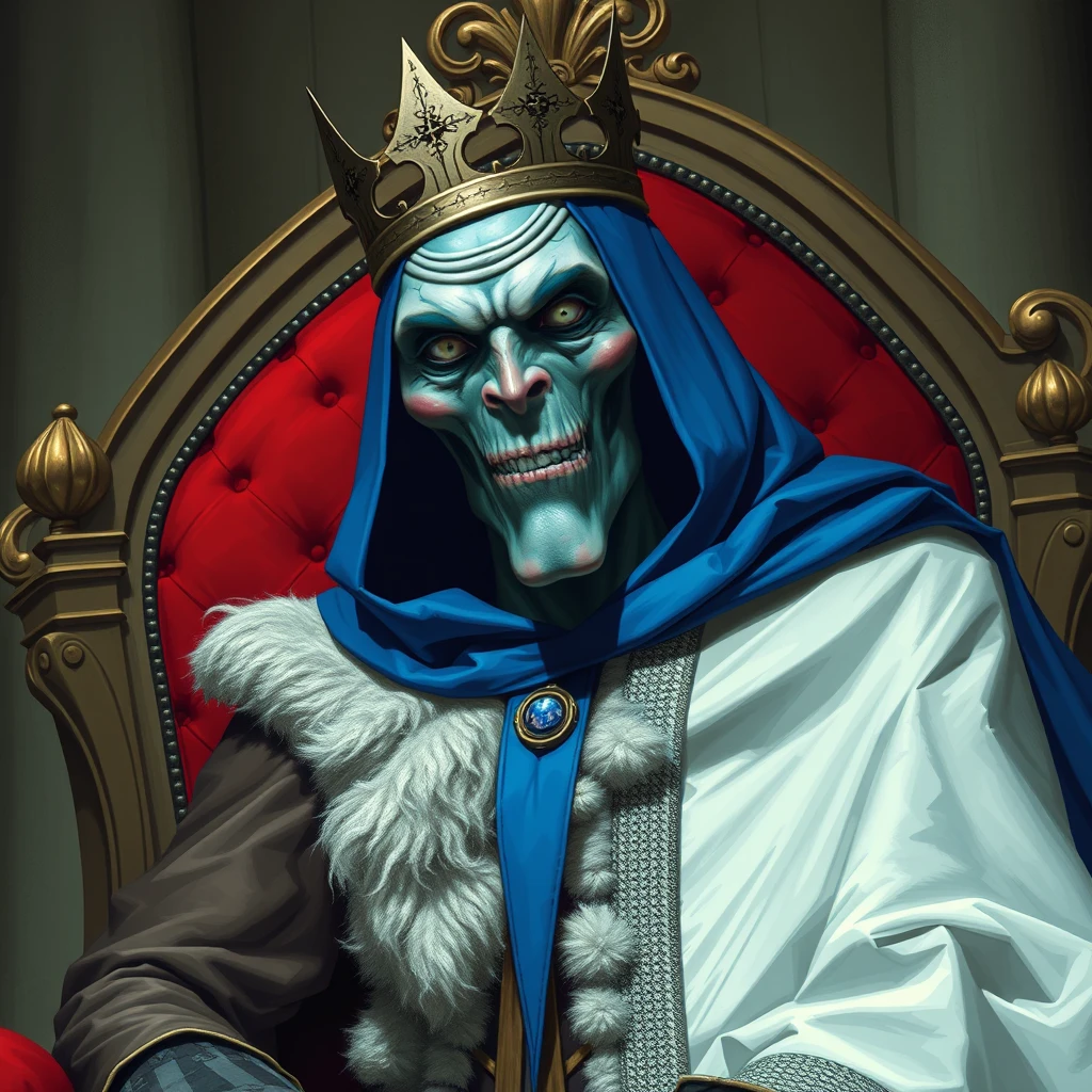 A sickly looking, secretly evil human king on a throne with a blue cape.