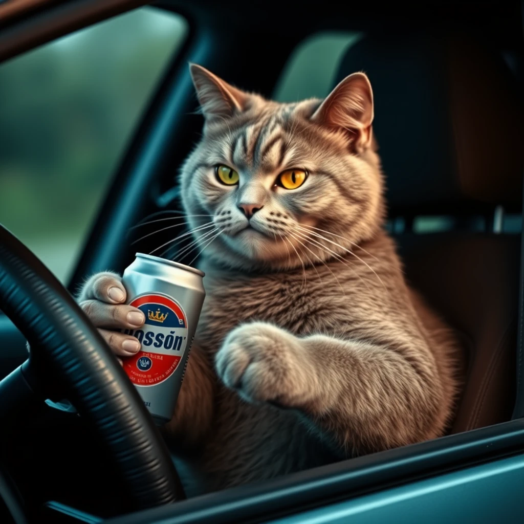 The cat is sitting behind the wheel and holding a can of beer in his hand. And sometimes drinking it. It's a Russian cat. He is a grey cat. His name is Pasha. He has an evil face.