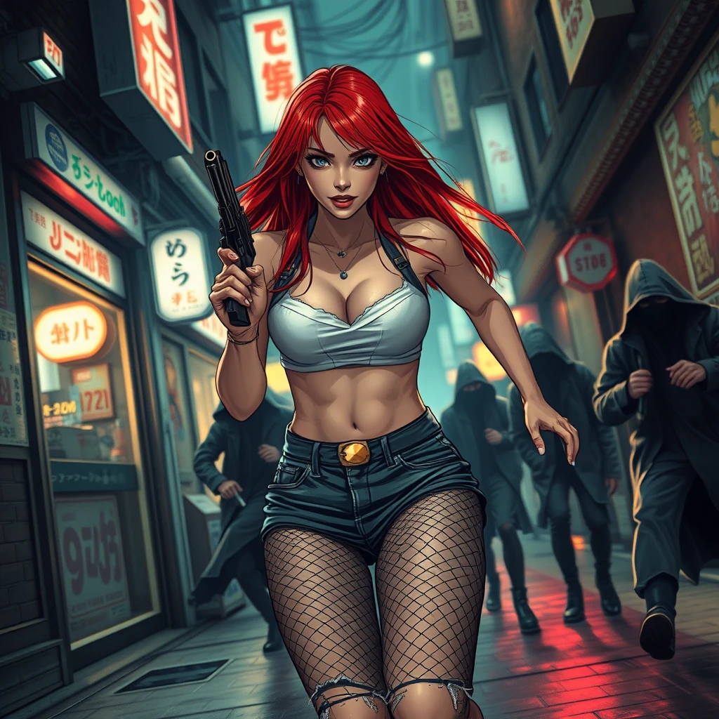 sexy alluring cyberpunk Japanese female with long straight red hair, running down a dark dystopian urban alleyway being chased by cyberpunk assassins in hooded cloaks, holding a revolver pistol in her right hand, ripped jeans, ripped fishnet leggings, pistol pointing upwards, bokeh, depth of field, cybernetic implants, grunge graffiti art style, Japanese shop signs, neon lights with realistic lighting, dark and gloomy, comic book art style with rough lines, realistic lighting, realistic reflections, high quality, 8k, concept art, close-up over the shoulder camera shot, realistic hands. - Image