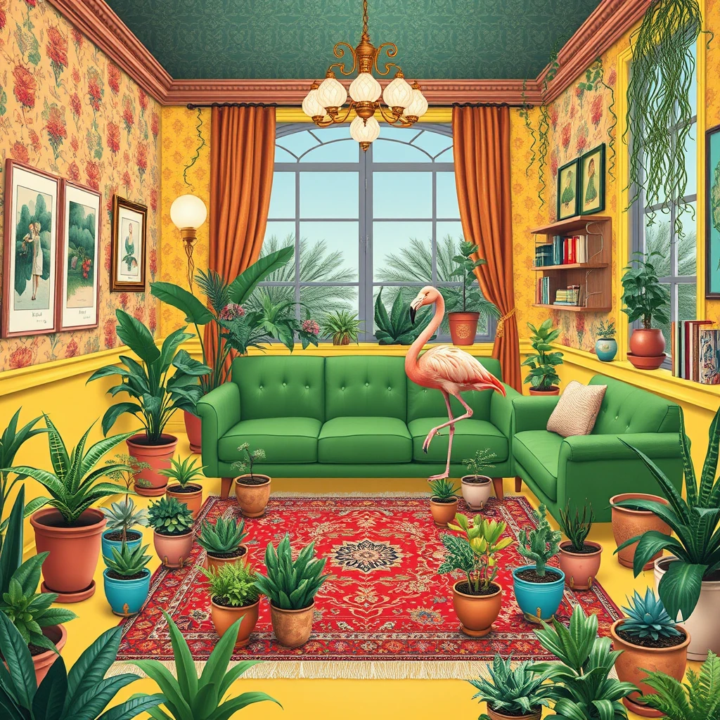 A maximalist illustration of a flamingo sitting on a green couch in a yellow living room, surrounded by flower pots. The room features decorative wallpaper, unique lighting elements, a colorful Persian rug, large windows with velvet curtains, and various books and art pieces. The space is filled with tropical plants, succulents, and hanging vines, creating a lush atmosphere.