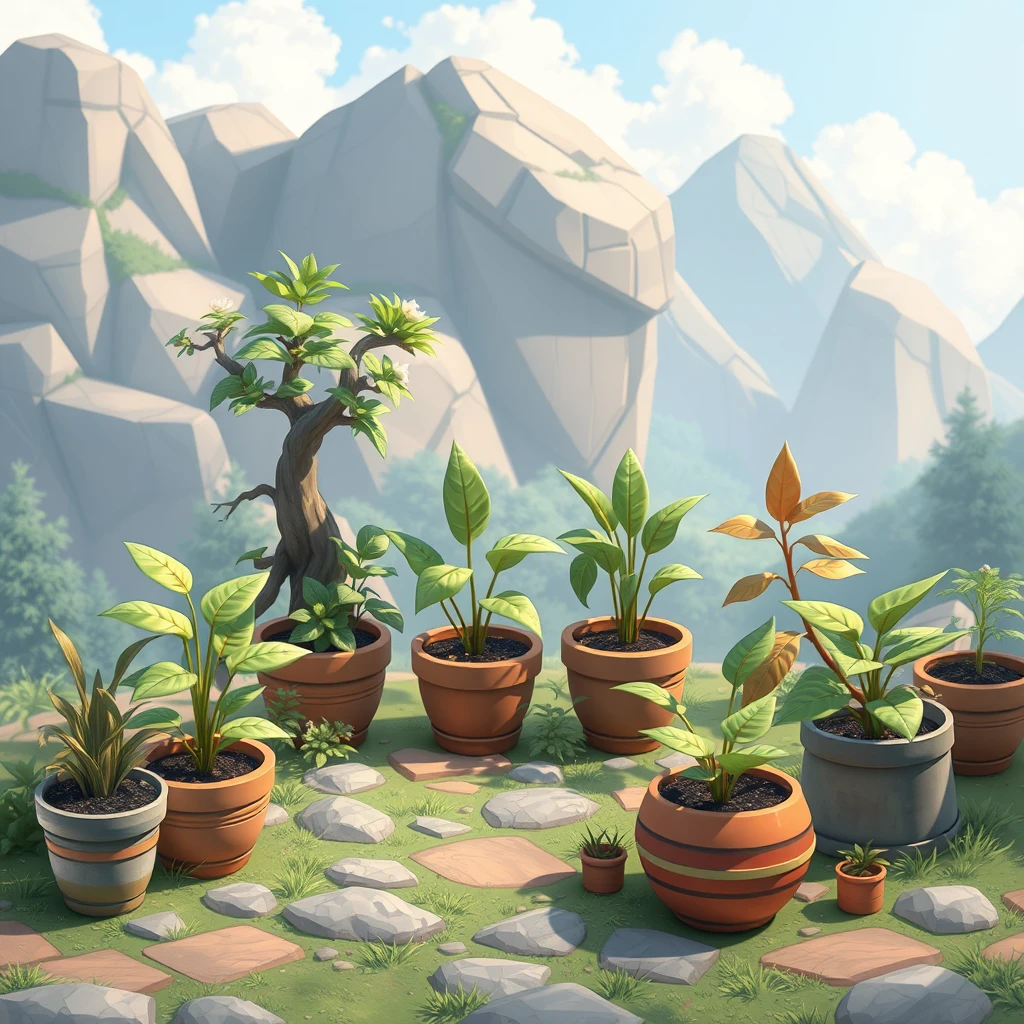 Potted plants, landscape game materials, pixel art, 2D landscape, game assets, frontal shooting.