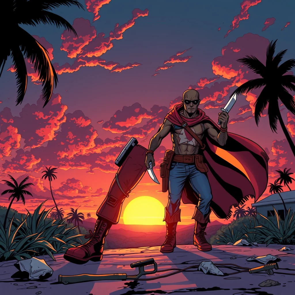 As the sun sets in Puerto Rico, a superhero emerges, machete emblem shining. With purpose, they patrol, ready to defend their homeland from any threat. Comic style, art by Todd Mcfarlane. - Image