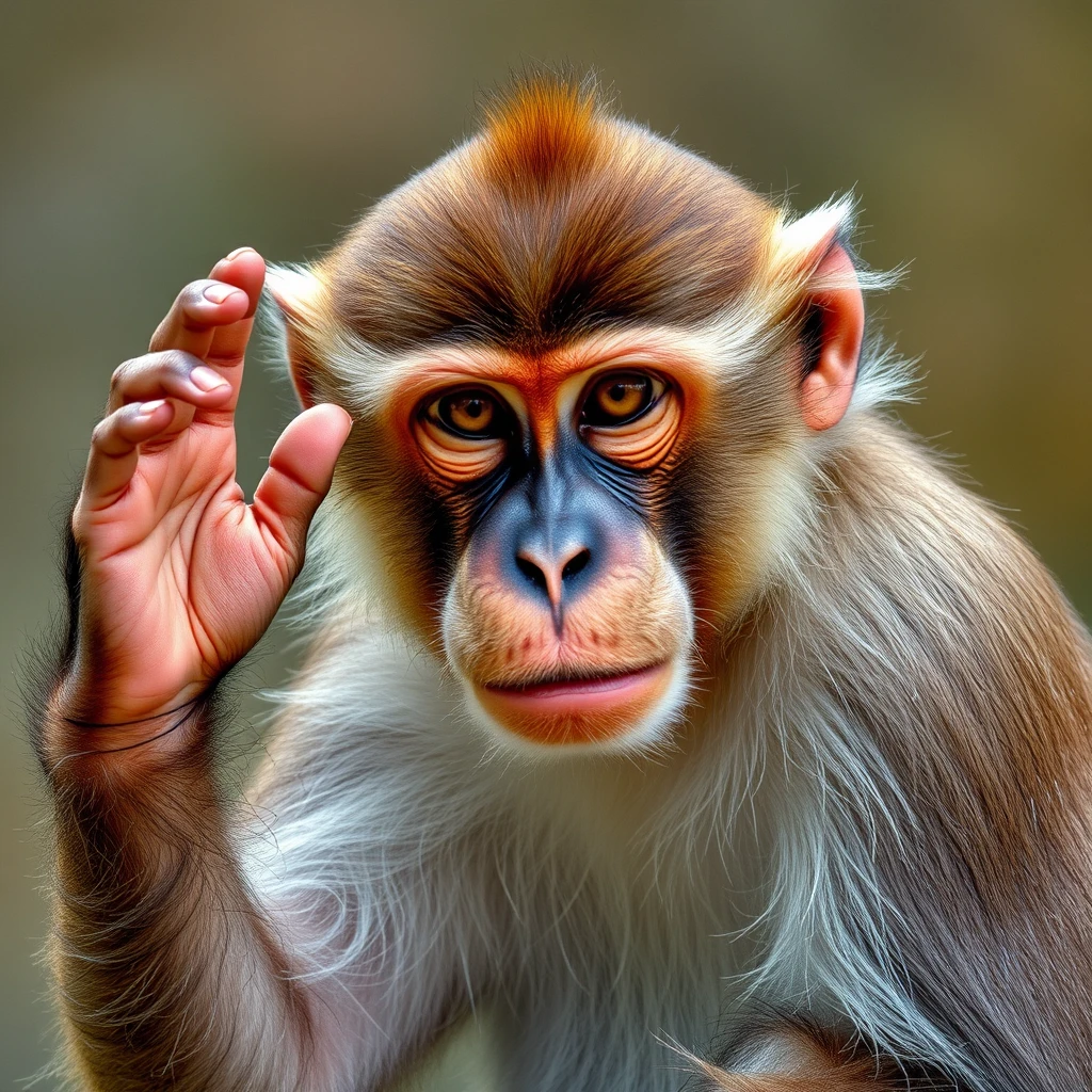 A monkey with a serious expression performing the most formal and standard salute. - Image